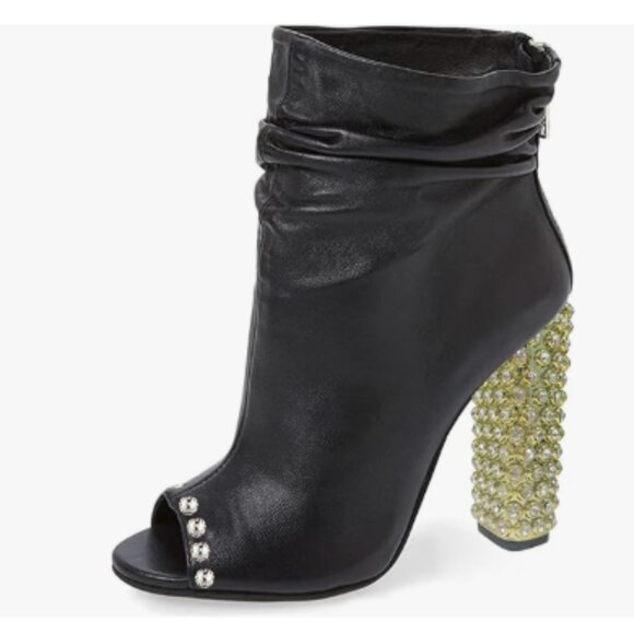 FSJ Shoes - FSJ Black Stylish Peep Toe Slouch Ankle Boots Chunky Stacked Heels Crystal Shoes